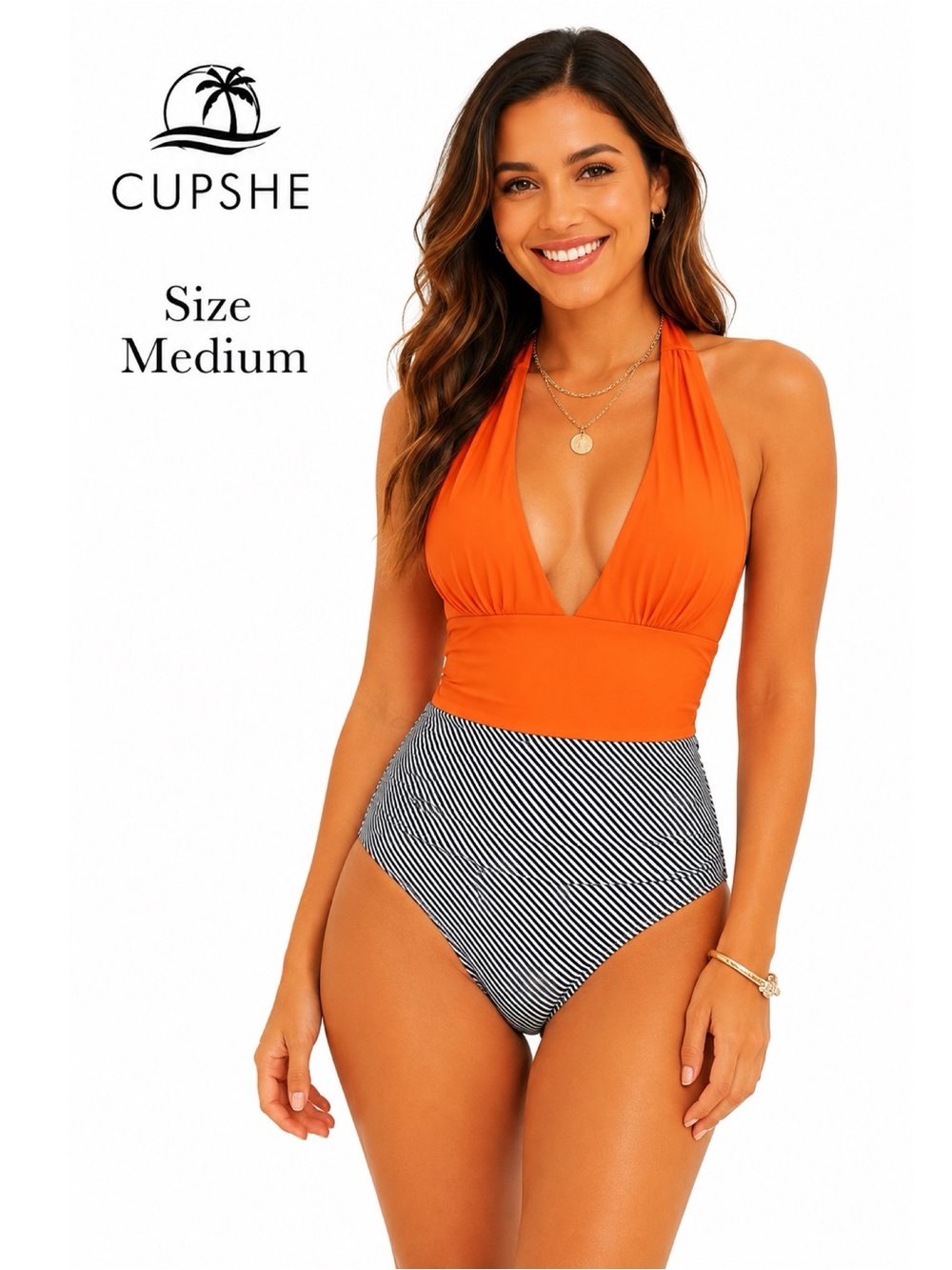 CUPSHE Orange Striped High Waist Halter One Piece Swimsuit Size Medium New!